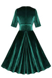 Veludo Verde Escuro V Neck Vestido babado dos anos 1950