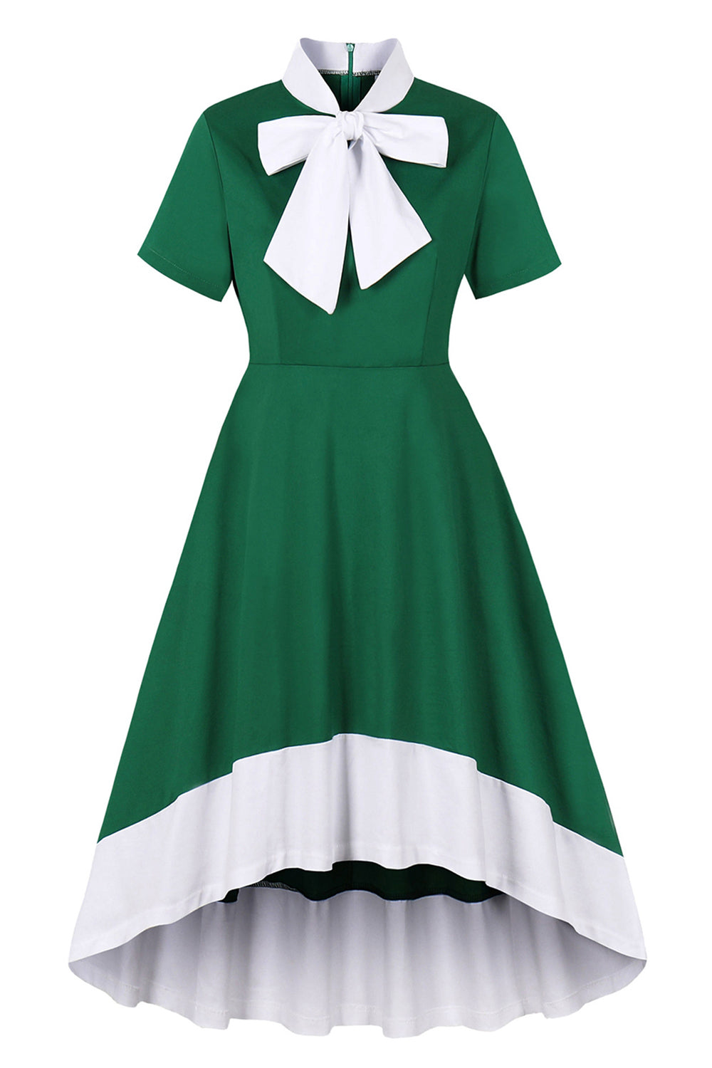 Vestido verde escuro babado assimétrico dos anos 1950 com laços