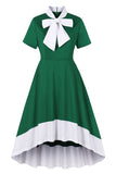 Vestido verde escuro babado assimétrico dos anos 1950 com laços