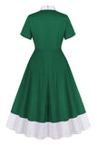 Vestido verde escuro babado assimétrico dos anos 1950 com laços