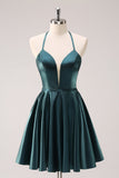 A-Line Peacock Blue Halter Vestido Curto Homecoming com Renda para Trás