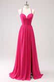 Fuchsia Esparguete Alças Chiffon Vestido Longo Madrinha com Fenda