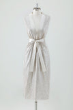 Champagne Sparkly V Neck Tea Length Holiday Party Dress com Arco