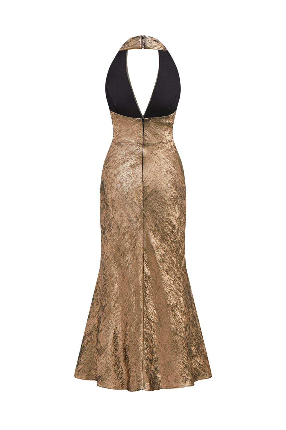 Golden Halter Neck Sereia Cetim Midi Cocktail Dress