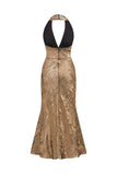 Golden Halter Neck Sereia Cetim Midi Cocktail Dress