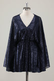 Sparkly Navy curto A-Line Holiday Party Dress com mangas compridas