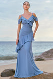Vestido de dama de honra Chiffon ombro frio azul com babados