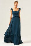 A-Line Dark Peacock Verde Scoop Neck Chiffon Vestido Longo Madrinha