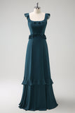 Pavão Escuro Verde Scoop Neck A-Line Chiffon Vestido Madrinha