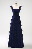 Dark Navy A-Line Tiered Chiffon Vestido de Dama de Honra Longo
