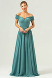 A-Line fora do ombro plissado Chiffon verde vestido longo dama de honra