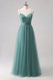 Eucalipto Esparguete Alças A-Line Tule Vestido Madrinha