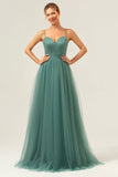 Eucalipto Esparguete Correias Tulle A-Line Vestido Longo Madrinha