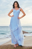 Vestido de dama de honra azul Tulle Corset com babados
