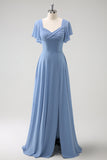 Cinzento Azul A Line Chiffon Long Bridesmaid Dress with Slit