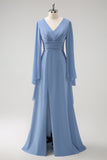 Cinzento Azul Uma Linha Mangas Longas Chiffon Vestido Madrinha com Fenda