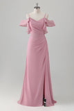 Rosa A-line Cold Shoulder Chiffon vestido de dama de honra com fenda
