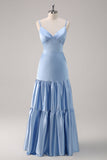 Sky Blue A-Line Esparguete Correias Cetim Long Vestido Madrinha