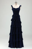 Preto Chiffon Uma Linha Esparguete Alças Tiered Vestido Madrinha