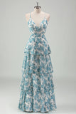 Flor Azul Branca Uma Linha Tiered Esparguete Correias Vestido Madrinha