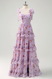 Cinzento Roxo Uma Linha Tiered Ruffled Estampa Vestido Floral Madrinha