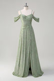 Dusty Sage A-Line Ombro frio Jacquard vestido longo dama de honra com fenda