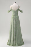 Dusty Sage A-Line Ombro frio Jacquard vestido longo dama de honra com fenda