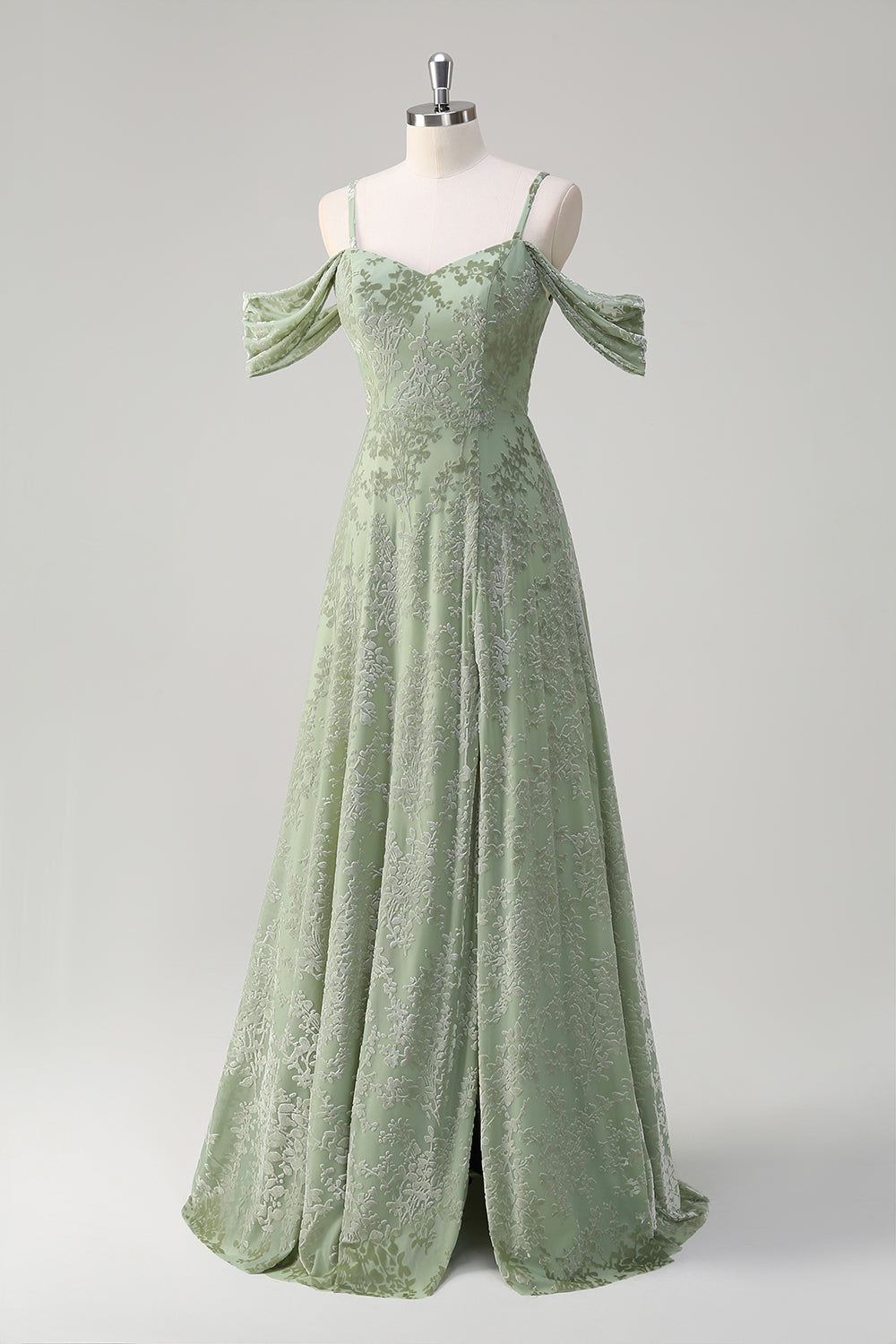 Dusty Sage A-Line Ombro frio Jacquard vestido longo dama de honra com fenda