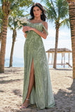 Dusty Sage Cold Shoulder A-Line Jacquard vestido longo dama de honra com fenda