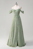 Dusty Sage A-Line Ombro frio Jacquard vestido longo dama de honra com fenda