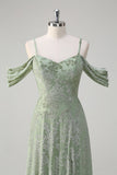 Dusty Sage A-Line Ombro frio Jacquard vestido longo dama de honra com fenda