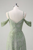 Dusty Sage A-Line Ombro frio Jacquard vestido longo dama de honra com fenda