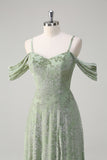 Dusty Sage A-Line Ombro frio Jacquard vestido longo dama de honra com fenda