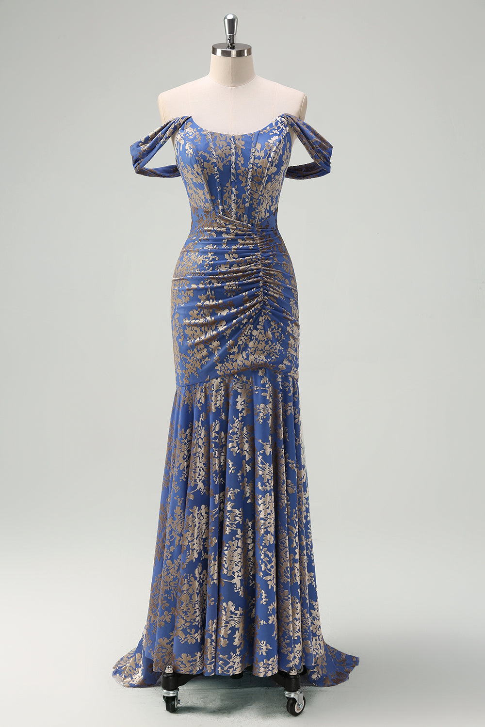 Espartilho cinza azul sereia fora do ombro Ruched longo vestido de dama de honra