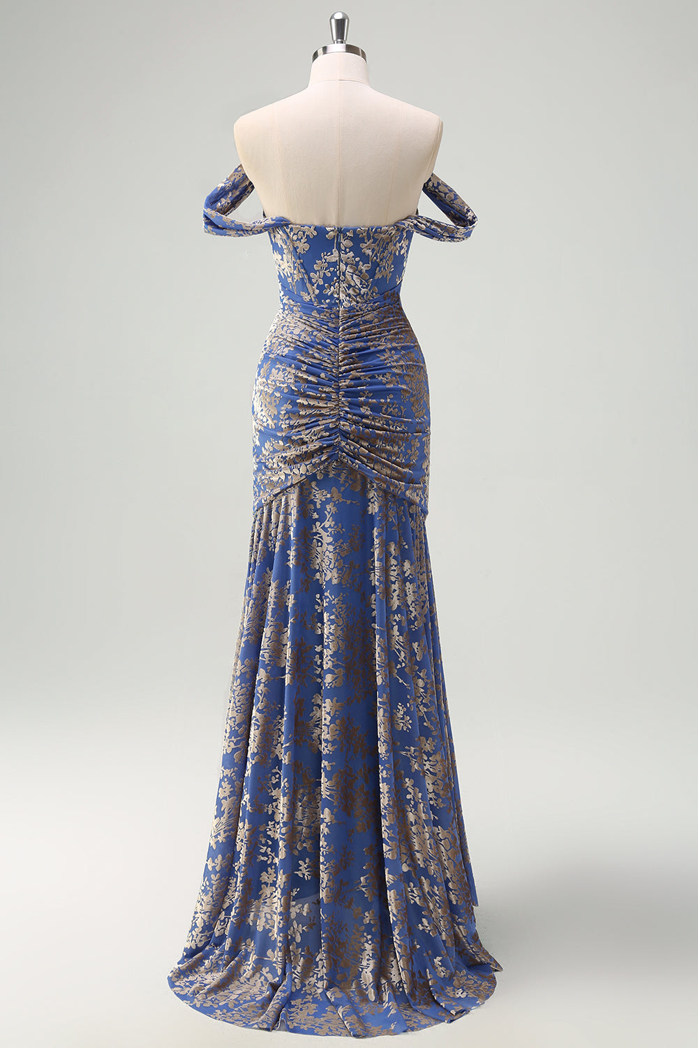 Espartilho cinza azul sereia fora do ombro Ruched longo vestido de dama de honra