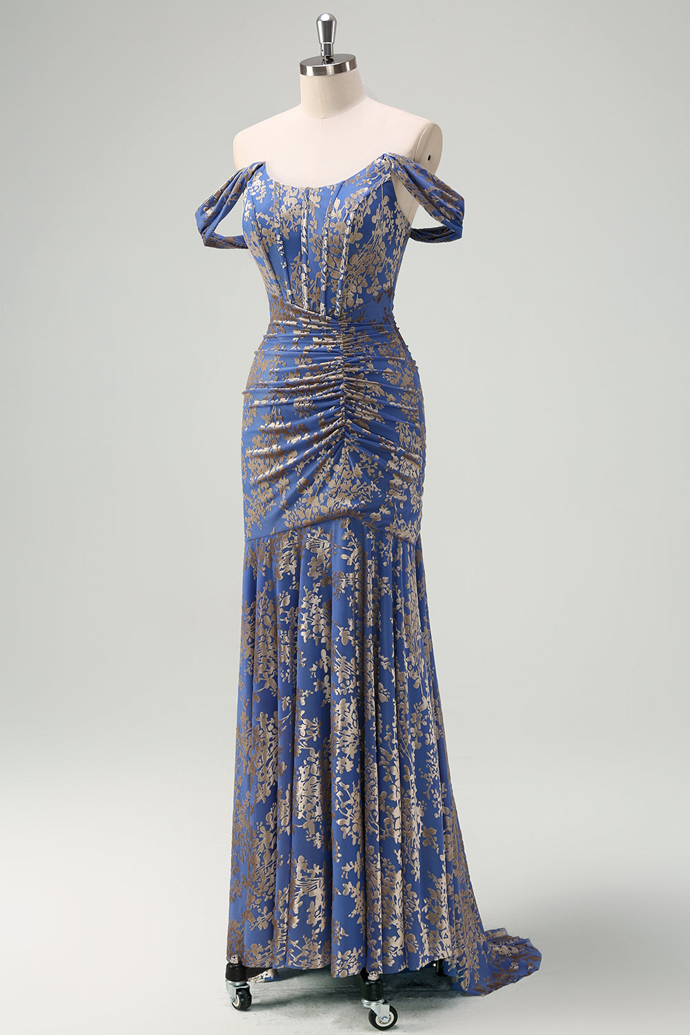 Espartilho cinza azul sereia fora do ombro Ruched longo vestido de dama de honra