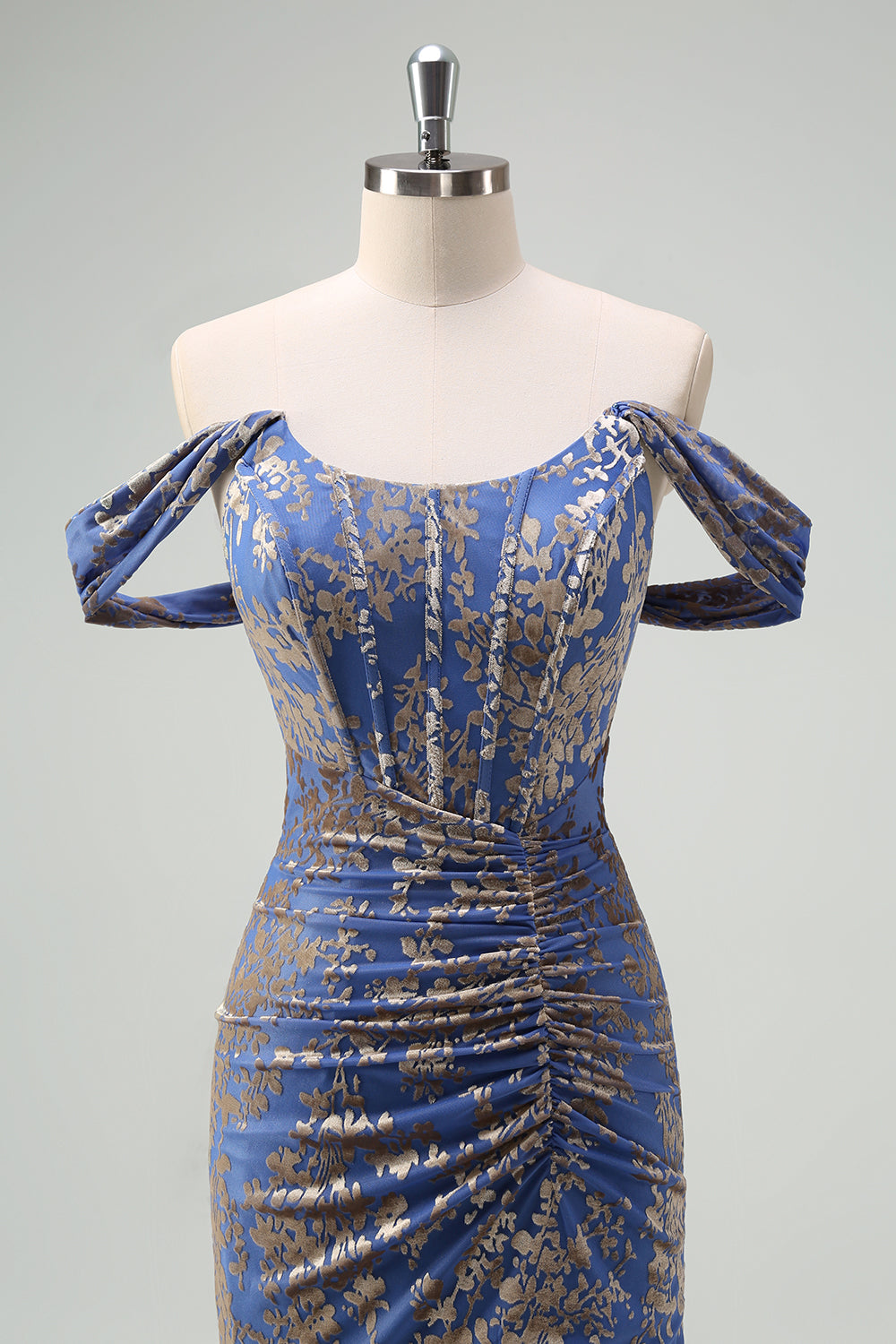 Espartilho cinza azul sereia fora do ombro Ruched longo vestido de dama de honra