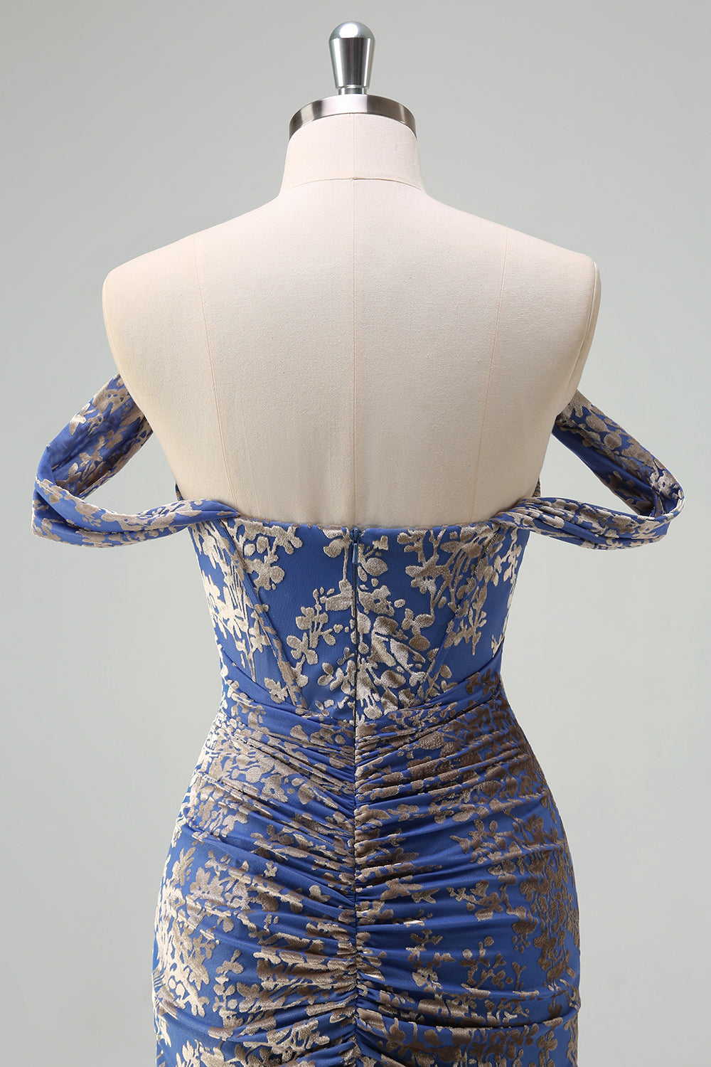 Espartilho cinza azul sereia fora do ombro Ruched longo vestido de dama de honra