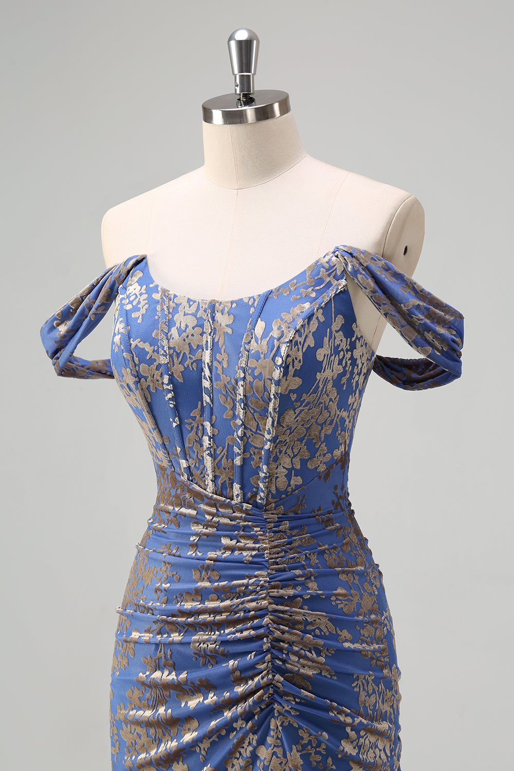 Espartilho cinza azul sereia fora do ombro Ruched longo vestido de dama de honra