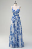 Branco Azul Flor A-Line Esparguete Alças Vestido Plissado Madrinha