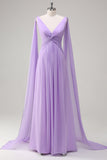 Elegante vestido Lilás Chiffon A-Line com mangas de cabo fluidas