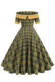 Off The Shoulder Green Grid Vestido Vintage dos anos 1950