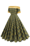 Off The Shoulder Green Grid Vestido Vintage dos anos 1950