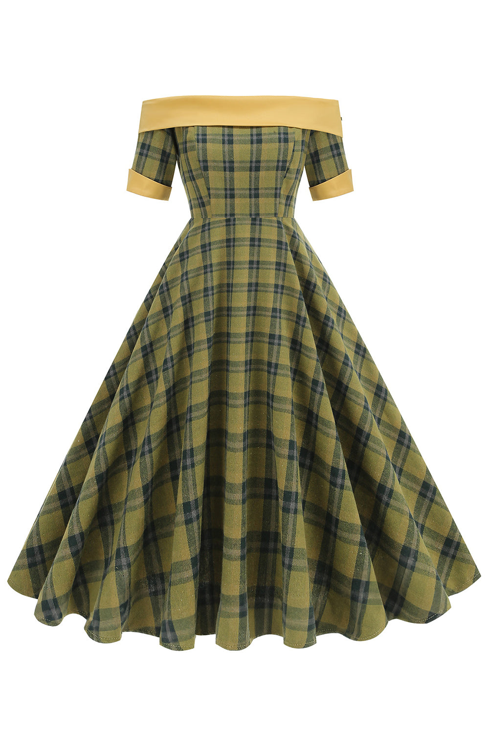 Off The Shoulder Green Grid Vestido Vintage dos anos 1950