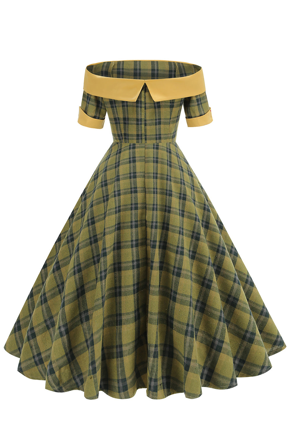 Off The Shoulder Green Grid Vestido Vintage dos anos 1950