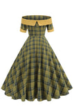 Off The Shoulder Green Grid Vestido Vintage dos anos 1950