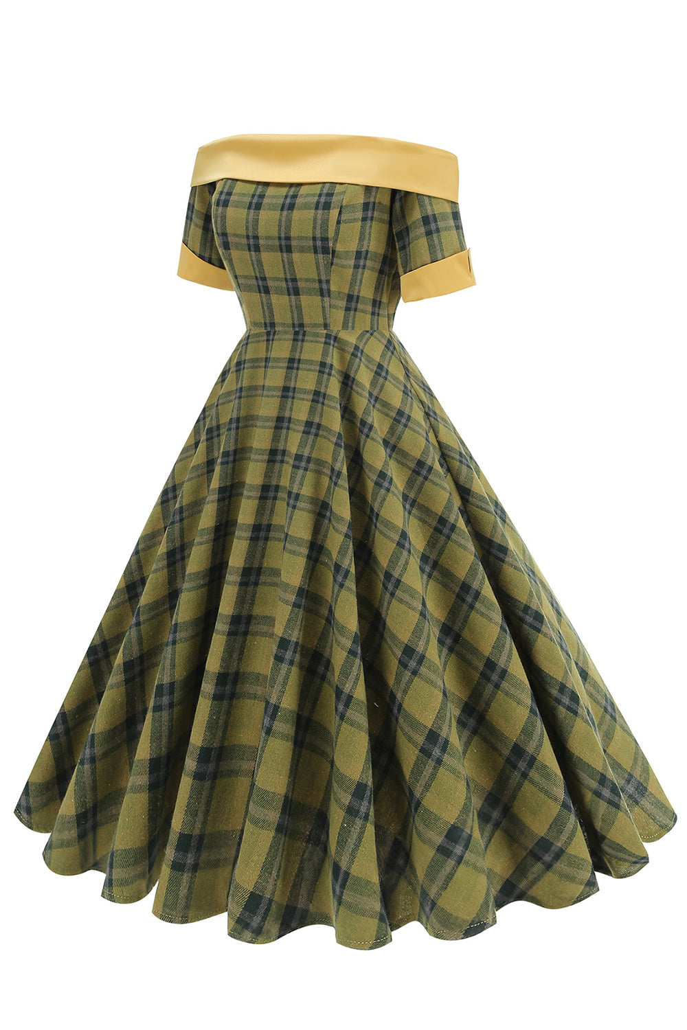 Off The Shoulder Green Grid Vestido Vintage dos anos 1950