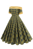 Off The Shoulder Green Grid Vestido Vintage dos anos 1950