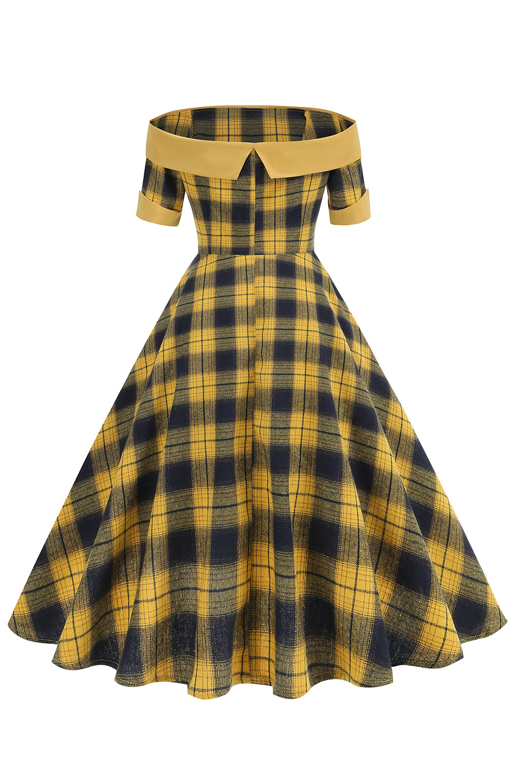 Off The Shoulder Green Grid Vestido Vintage dos anos 1950