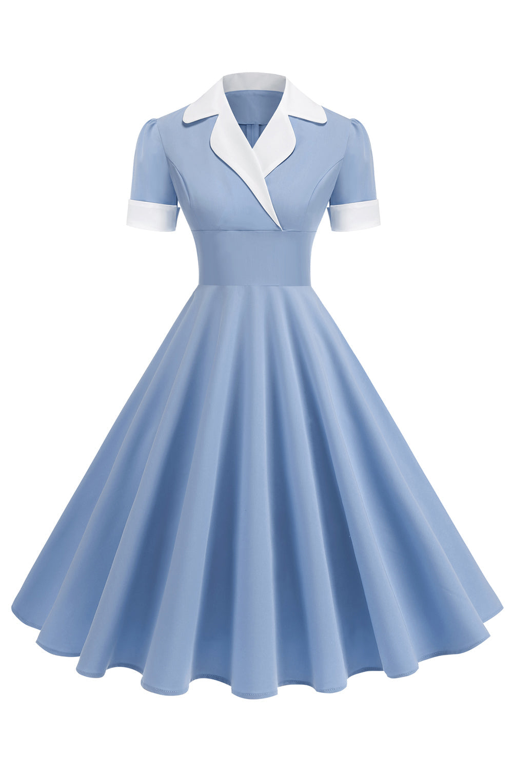 Vestido azul A Line V-Neck dos anos 1950 com mangas curtas